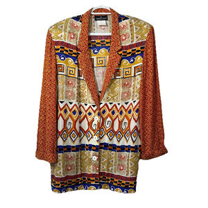 Vintage 80s Carole Little Boho Artsy Aztec Blazer Rolled Sleeve Size 14 Petite